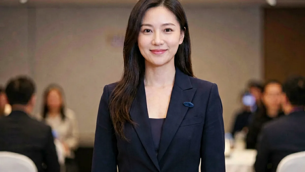 刘玥正式亮相活动现场，身着正装面向镜头展现自信表情的近景照片