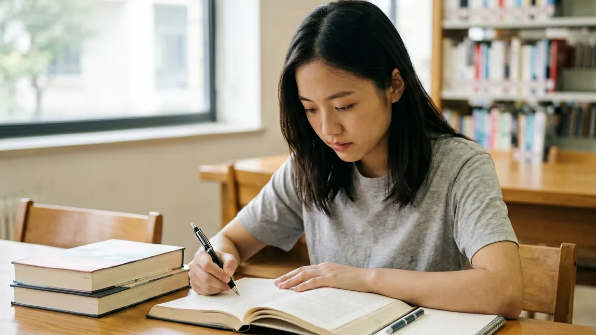 刘玥早年求学阶段在图书馆或校园环境中专注学习的场景还原示意