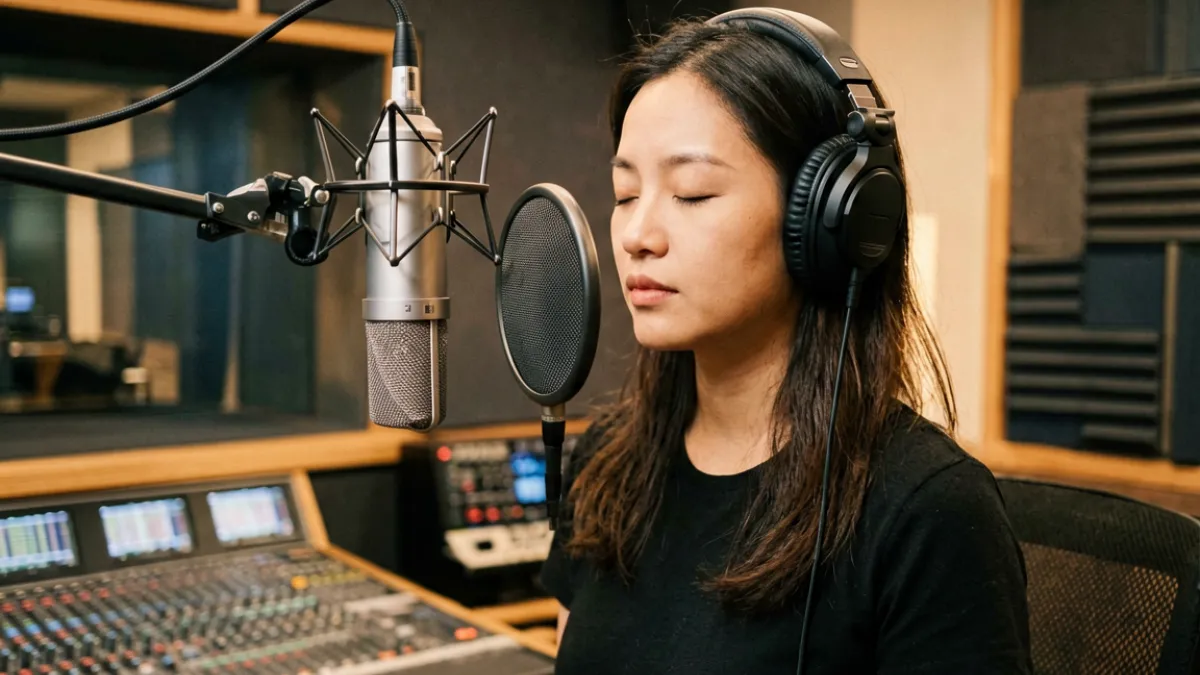 刘玥与乐队合作录制音乐现场，站在录音棚麦克风前神情投入